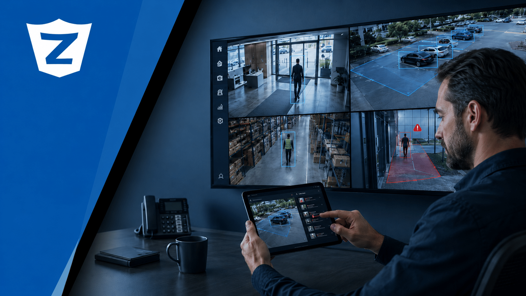 business owner reviewing security cameras