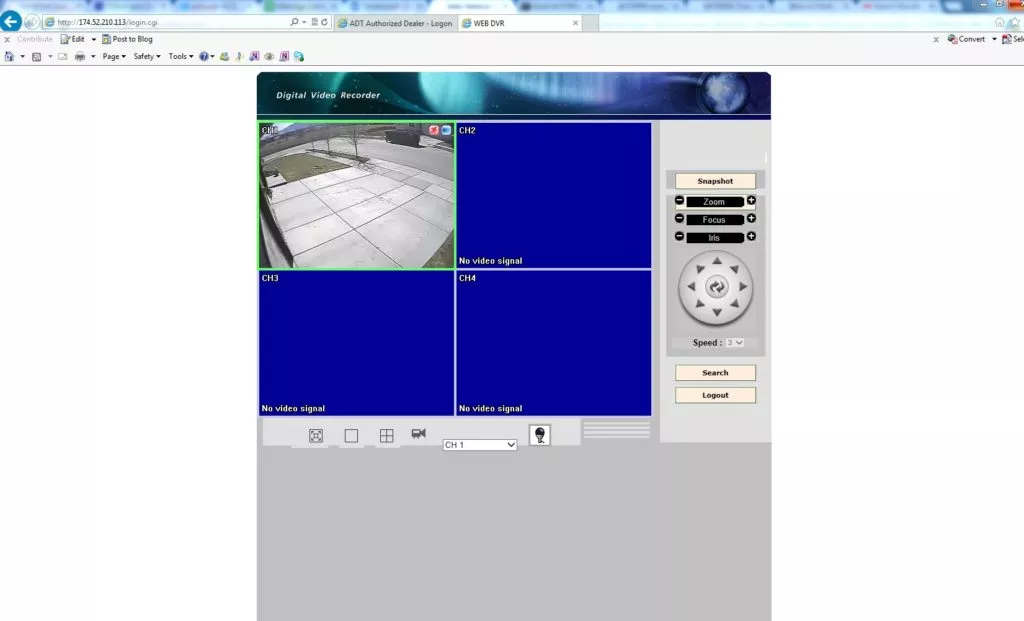 DVR login on computer screen